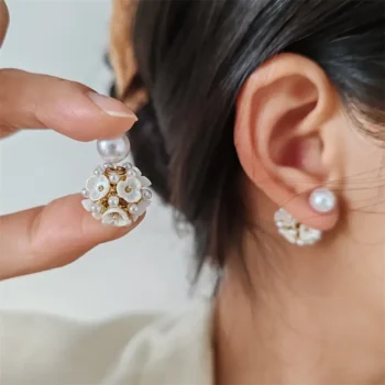 Ball Shape Stud Earrings Double Side Floral Pearl Bezel