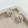 Ball Shape Stud Earrings Double Side Floral Pearl Bezel