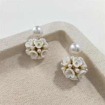 Ball Shape Stud Earrings Double Side Floral Pearl Bezel