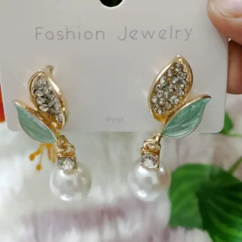 Leaf Pearl Pendant Stud Earrings