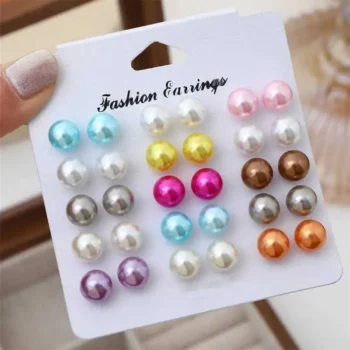 15 Pairs Set of Trendy Stud Earrings Colorful Ball Pearl