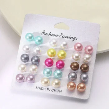 15 Pairs Set of Trendy Stud Earrings Colorful Ball Pearl