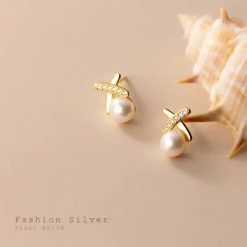 Pearl Crossline Silver Earrings